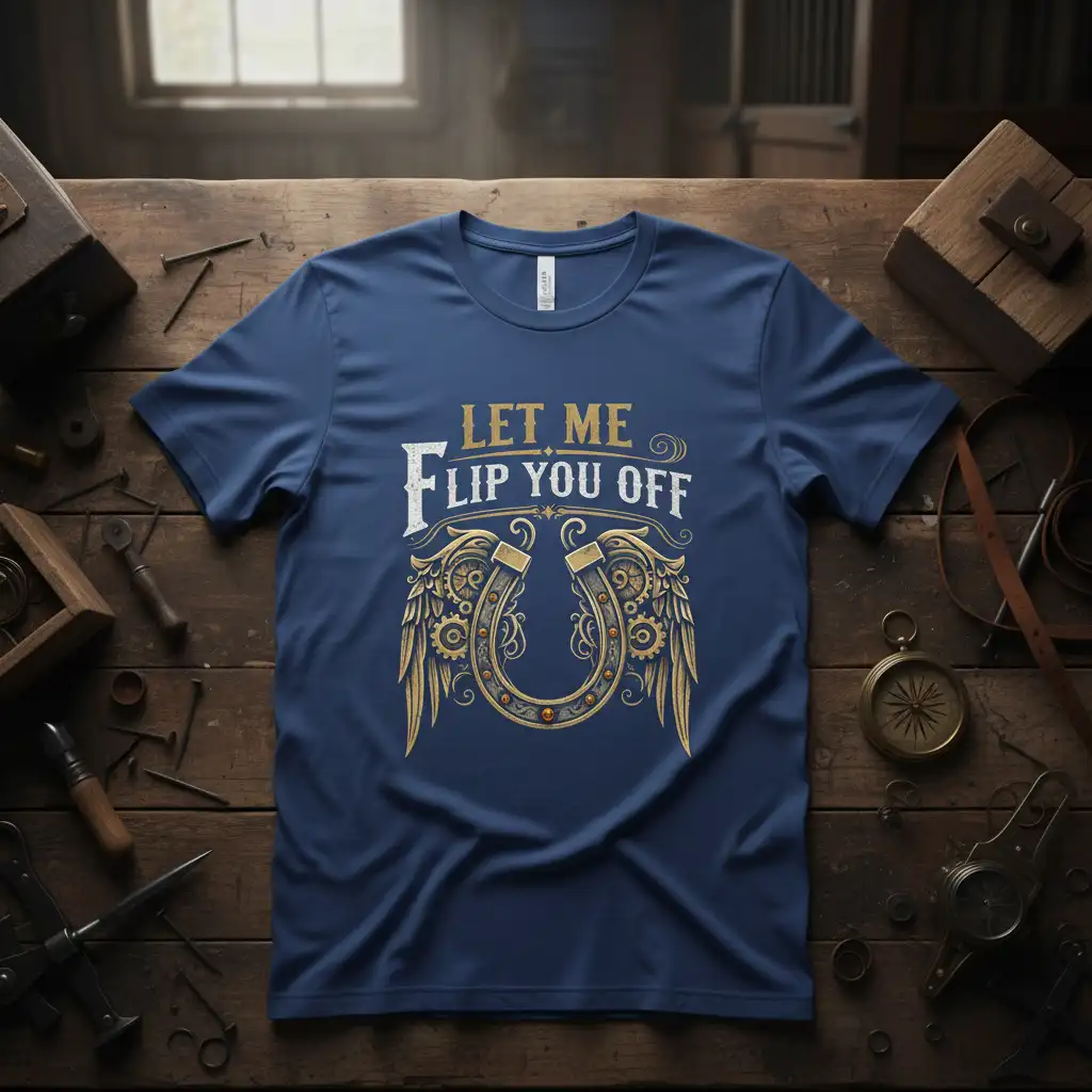 Let Me Flip You Off humorous quote with steampunk horseshoe and gears graphic on t-shirt