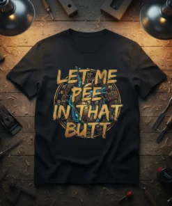 Black t-shirt with "LET ME PEE IN THAT BUTT" quote in distressed gold and blue metallic font, surrounded by gears