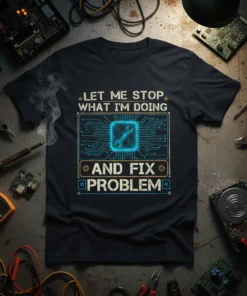 T-shirt with "Let Me Stop What I'm Doing And Fix Problem" text and circuit board graphic with a wrench