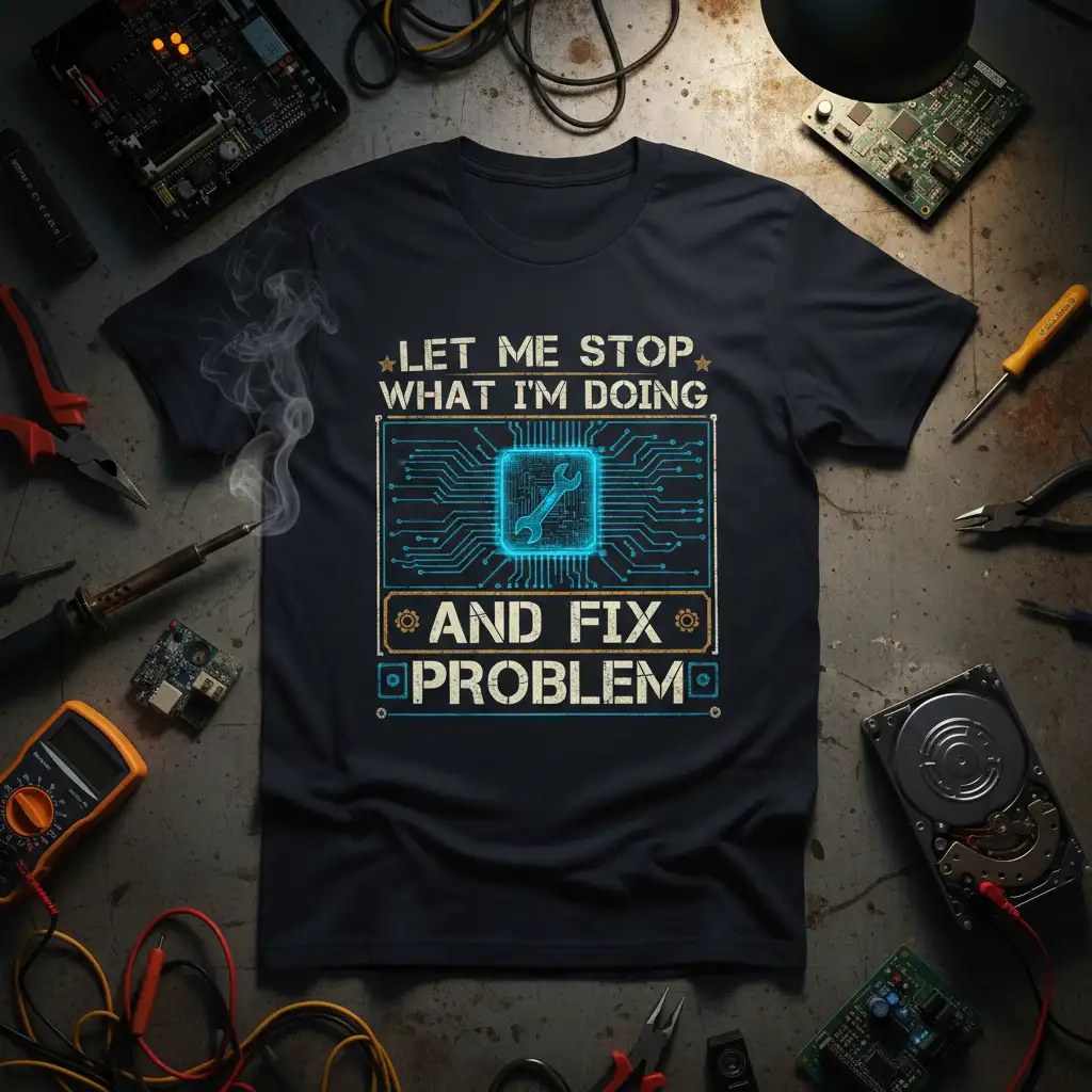 Let Me Stop What I'm Doing And Fix Problem tech quote on a t-shirt with circuit board graphic