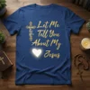 Christian t-shirt with gold text "Let Me Tell You About My Jesus" and a glowing heart graphic