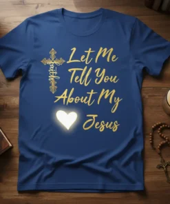 Christian t-shirt with gold text "Let Me Tell You About My Jesus" and a glowing heart graphic