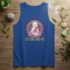 Meditating cat with "Let That Shit Go" text on a royal blue tank top, surrounded by a mandala design