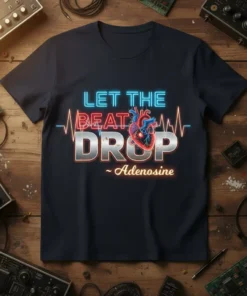Let the Beat Drop Adenosine T-Shirt with a stylized heart and heartbeat graphic