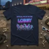 T-shirt with neon text "LET'S ALL GO TO THE LOBBY" and cartoon walking movie snacks like hot dog, popcorn, and
