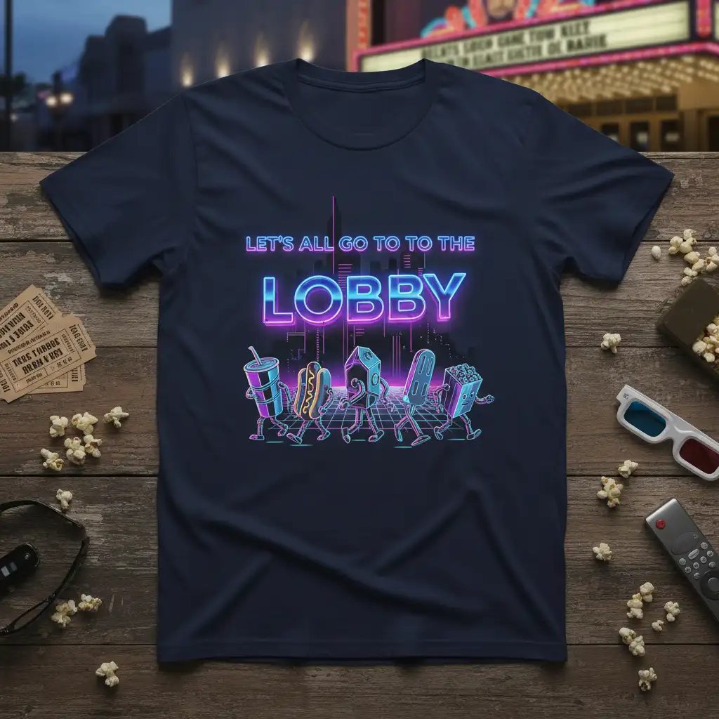 LET'S ALL GO TO THE LOBBY neon text with walking cartoon hot dog, soda, and popcorn graphic