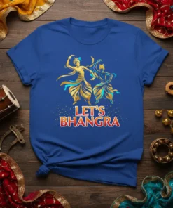 Blue t-shirt with "LET'S BHANGRA" text and gold/teal figures dancing, celebrating Punjabi culture