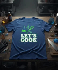 Let's Cook t-shirt design featuring a beaker and whisk, with bold green and white text