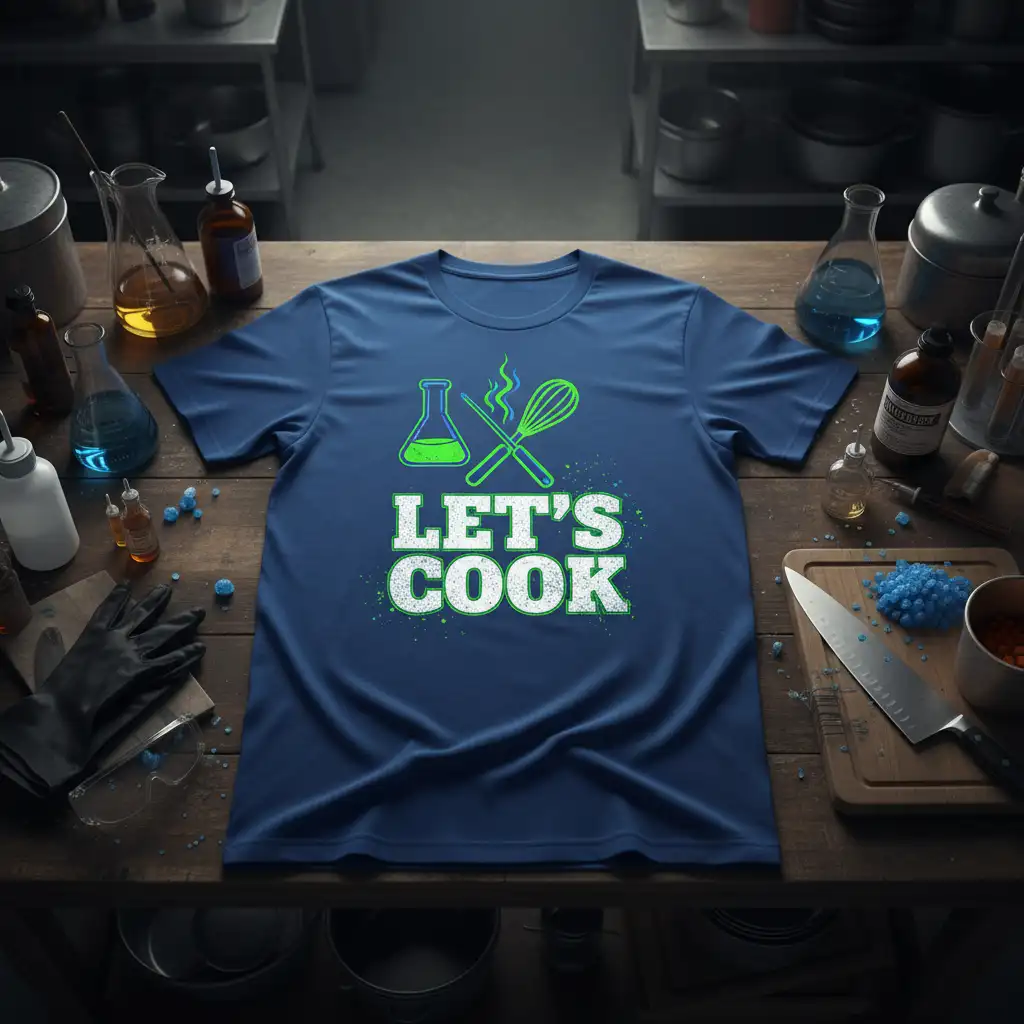 Let's Cook science beaker and whisk design with distressed typography, ideal for chefs