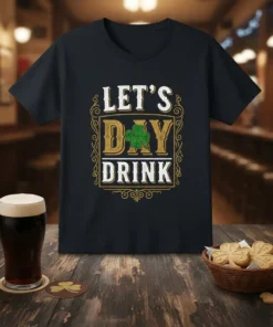 Let's Day Drink St. Patrick's Day t-shirt with shamrock graphic and vintage distressed text
