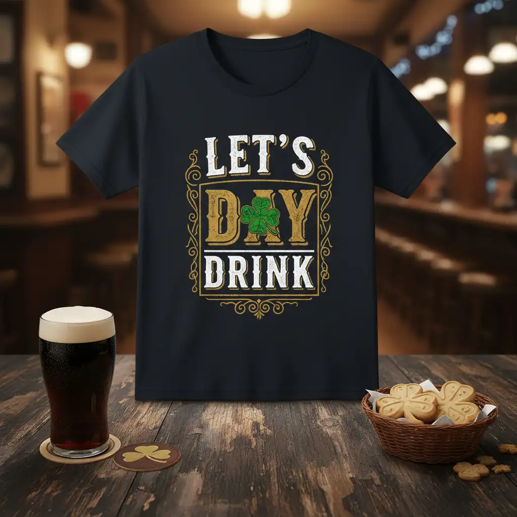LET'S DAY DRINK St. Patrick's Day quote on a black t-shirt with shamrock and vintage flair