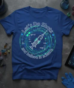 Let's Do Shots and Believe in Science text with syringe graphic on a blue t-shirt, science-themed design
