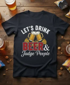 Let's Drink Beer & Judge People text and graphic with beer mugs and hops on a black t-shirt