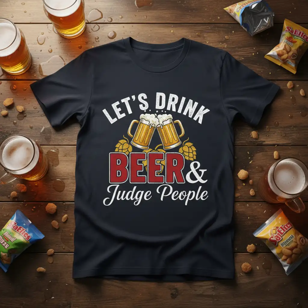 Let's Drink Beer & Judge People quote with beer mugs and hops design on a dark t-shirt