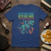 T-shirt design with "Let's Eat Kids. Let's Eat, Kids. Punctuation Saves Lives." text and a dinosaur skeleton graphic