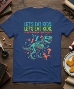 T-shirt design with "Let's Eat Kids. Let's Eat, Kids. Punctuation Saves Lives." text and a dinosaur skeleton graphic