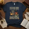 Let's Eat Kids. Let's Eat, Kids. Punctuation Saves Lives. Halloween t-shirt with bat and cat graphic