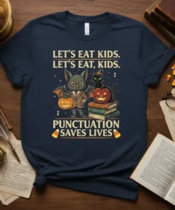 Let's Eat Kids. Let's Eat, Kids. Punctuation Saves Lives. Halloween t-shirt with bat and cat graphic
