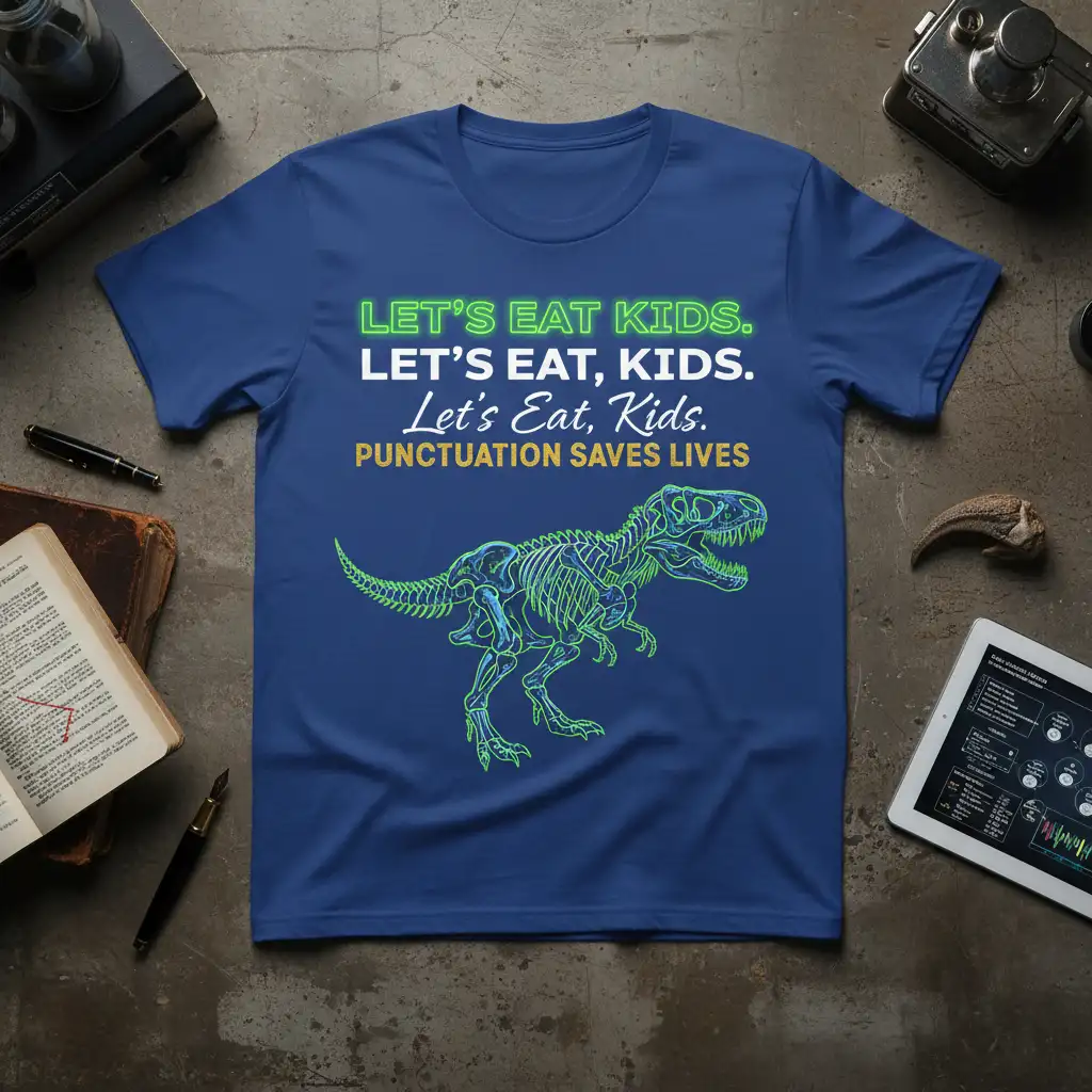 Humorous Let's Eat Kids Punctuation Saves Lives T-Shirt design with T-Rex skeleton and neon text