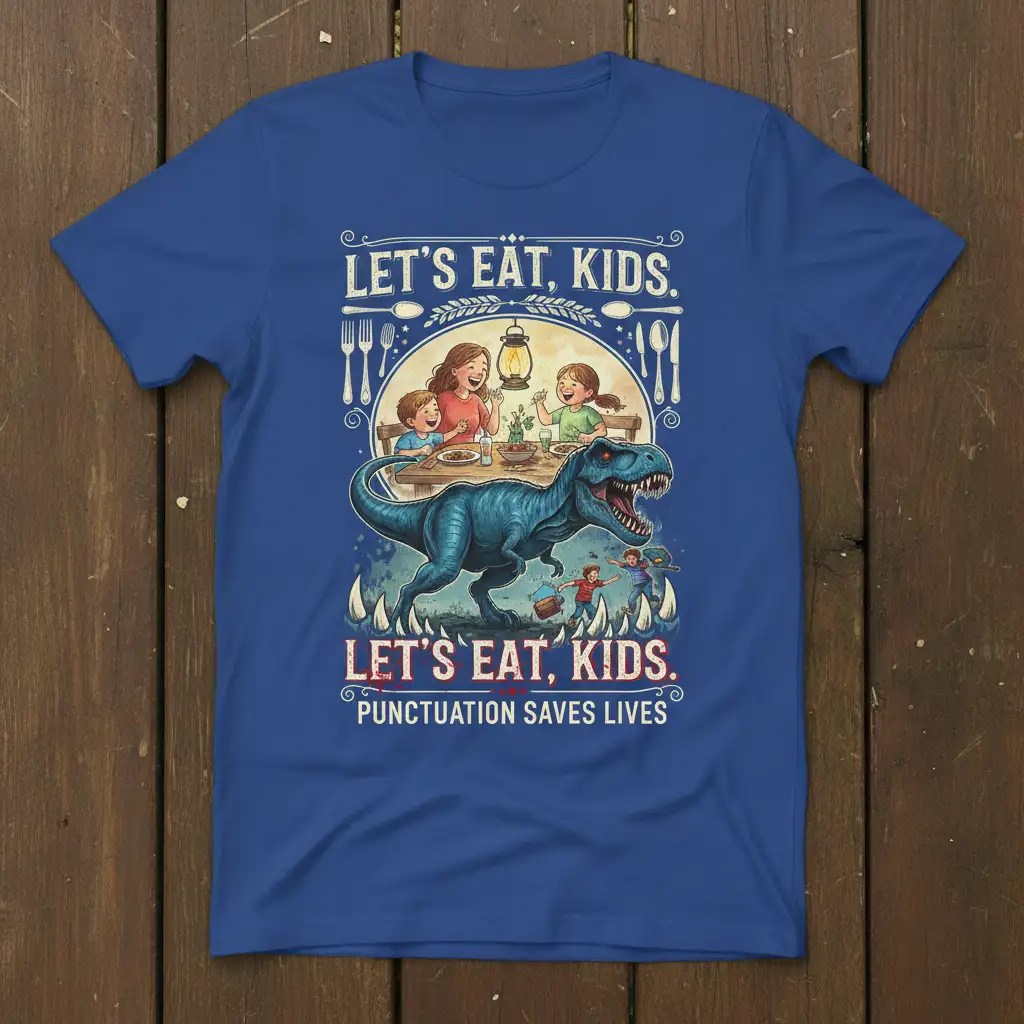 LET'S EAT, KIDS. PUNCTUATION SAVES LIVES creative illustration printed on durable material creating a standout t-shirt