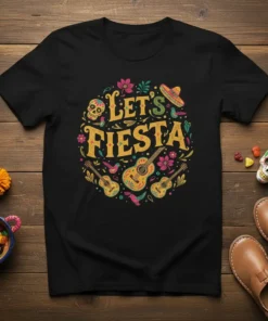 Let's Fiesta text with colorful Mexican folk art design including guitars, skulls, and flowers on a black t-shirt