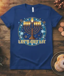 Blue t-shirt with "Let's Get Lit" text and a glowing menorah design, symbolizing Hanukkah celebrations