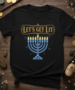Black t-shirt with "LET'S GET LIT" text above a glowing neon blue menorah for Hanukkah celebrations