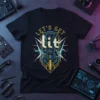 Black t-shirt with "LET'S GET lit" text and futuristic electric graphic design, party vibe theme