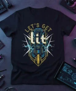 Black t-shirt with "LET'S GET lit" text and futuristic electric graphic design, party vibe theme