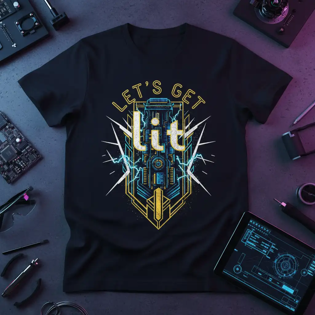 LET'S GET lit text with futuristic electric art on black t-shirt, party vibe design