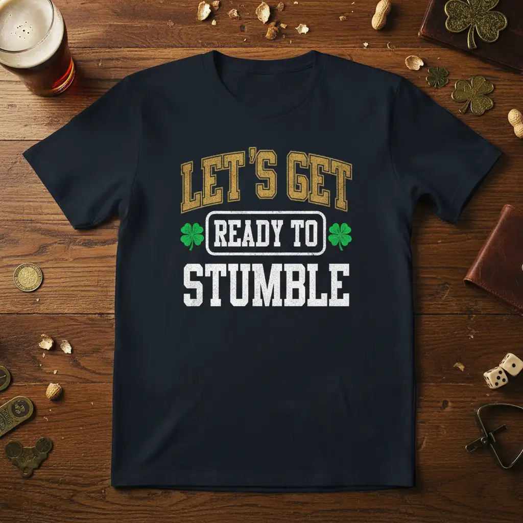 Let's Get Ready To Stumble quote with shamrock graphics on a dark t-shirt for St. Patrick's Day