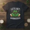 Lets Get Shamrocked t-shirt design with a cartoon shamrock character holding beer mugs and wearing sunglasses
