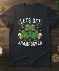 Lets Get Shamrocked t-shirt design with a cartoon shamrock character holding beer mugs and wearing sunglasses