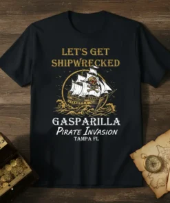 Let's Get Shipwrecked Gasparilla text design featuring bold typography on quality t-shirt