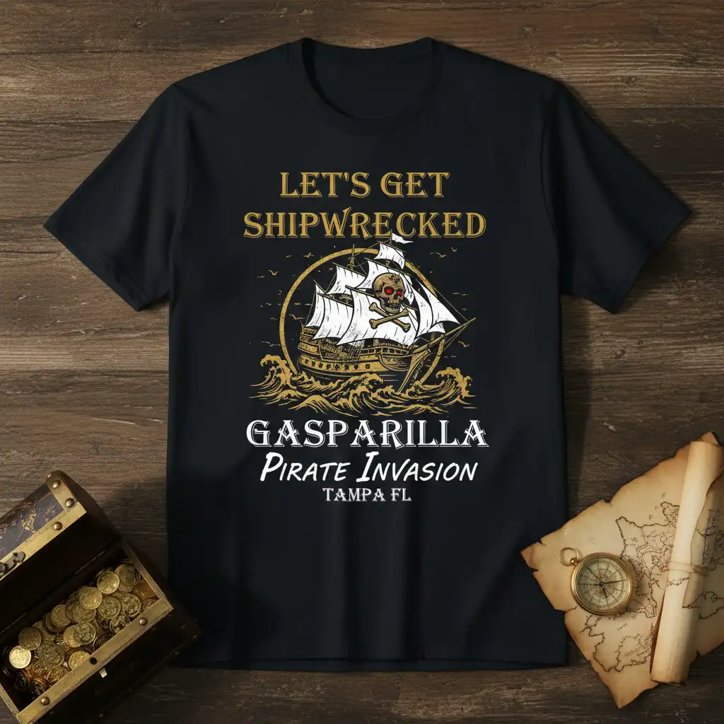Let's Get Shipwrecked Gasparilla Pirate Invasion Tampa FL t-shirt design featuring a pirate ship graphic