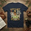 Let's Get Wild text with cartoon jungle animals in a jeep, safari theme t-shirt design