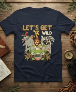Let's Get Wild text with cartoon jungle animals in a jeep, safari theme t-shirt design