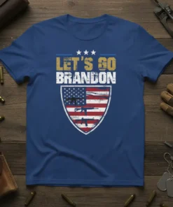 Let's Go Brandon patriotic t-shirt with American flag and rifle graphic design