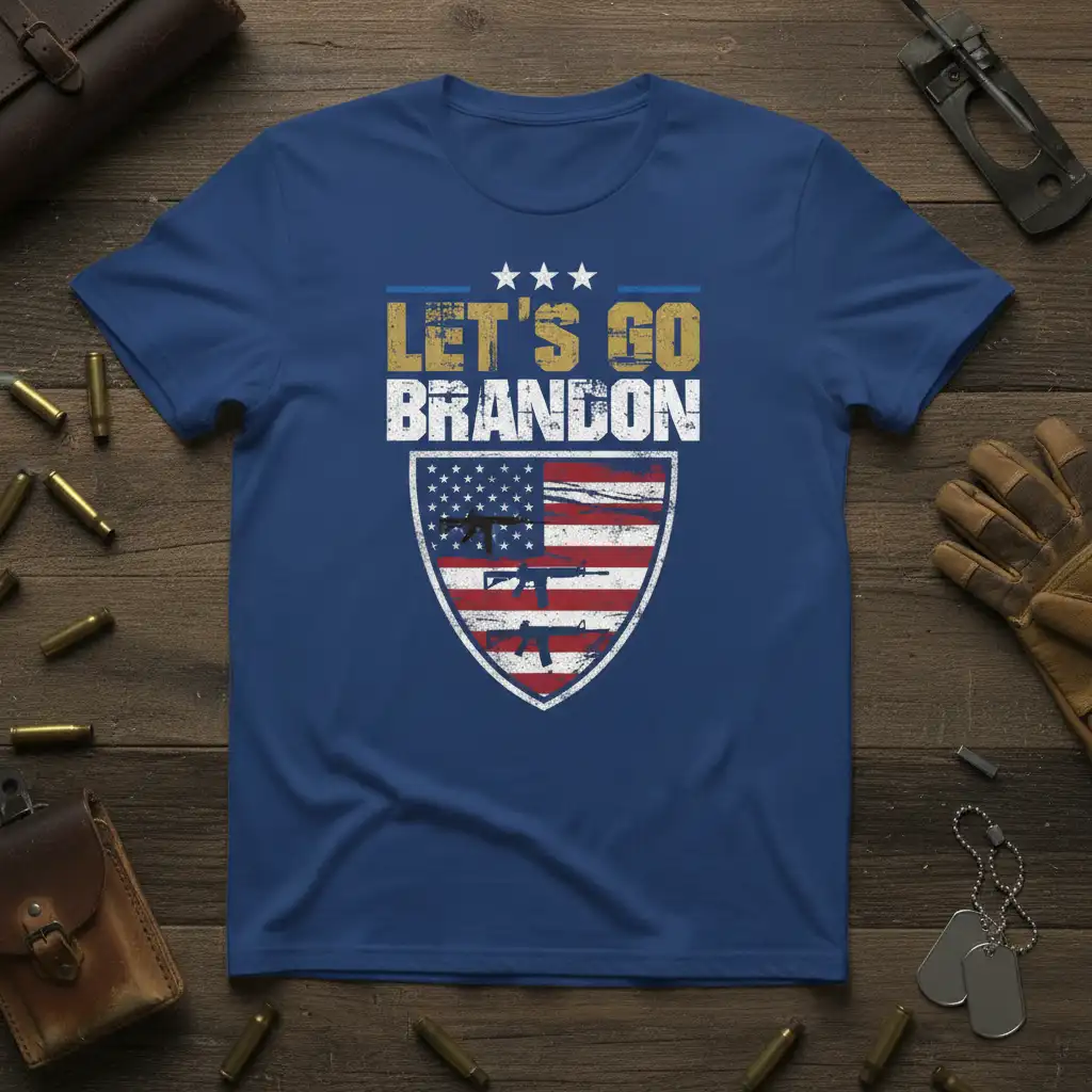 Let's Go Brandon political statement t-shirt with distressed USA flag and rifle graphic