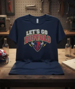 Navy blue t-shirt with bold "LET'S GO BUFFALO" text and a buffalo mascot graphic