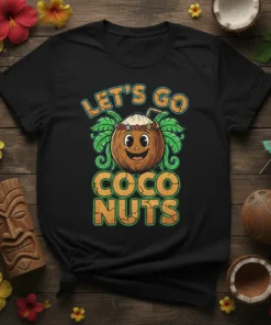 Let's Go Coco Nuts text with a smiling coconut wearing a flower crown on a black t-shirt, tropical design