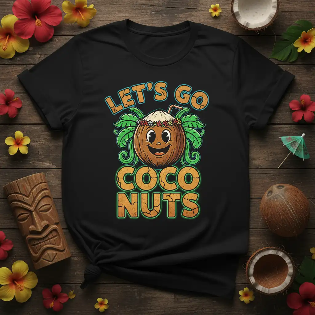 LET'S GO COCO NUTS text with a happy coconut character wearing a floral crown and green leaves