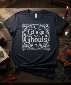Let's go Ghouls text design with ghosts and bats on a dark t-shirt, perfect for Halloween
