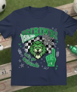 Let's go SIBINDI t-shirt with a roaring green lion mascot, checkered flag, and #1 foam finger graphic
