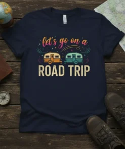 Navy t-shirt with "let's go on a ROAD TRIP" text and two colorful camper illustrations, primary keyword included