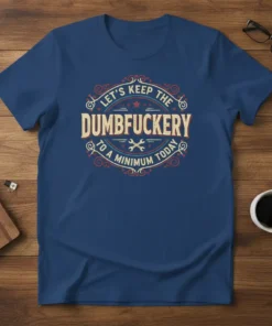 Let's Keep The Dumb**uckery To A Minimum Today quote on a dark blue t-shirt with vintage-style circular design and wrench