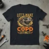 T-shirt with text "LET'S MAKE COPD EXTINCT!" featuring a dinosaur skull graphic and orange awareness ribbon elements