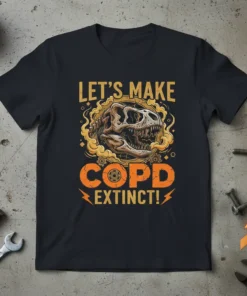 T-shirt with text "LET'S MAKE COPD EXTINCT!" featuring a dinosaur skull graphic and orange awareness ribbon elements