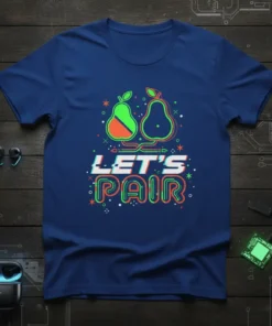 Let's Pair T-Shirt design with two stylized pears and glitch text, inspired by wireless earbuds and audio technology