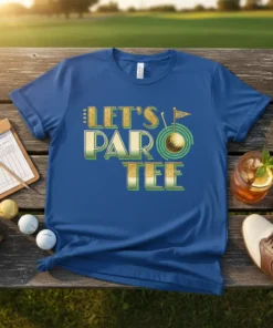 Let's Par-Tee golf quote t-shirt design with glitter accents and a golf ball and flag graphic